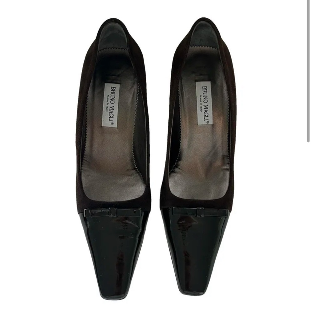BRUNO MAGLI Women's Dark Brown Suede and Black Patent Leather Heels | Vintage